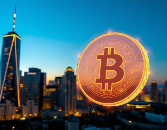 Digital representation of HYPE token withdrawal from Coinbase Prime, with blockchain symbols and city skyline.