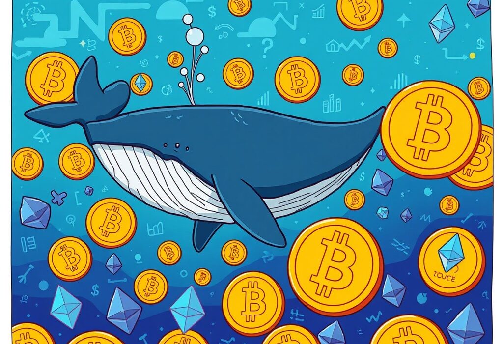 A cartoon illustration of an anonymous crypto whale accumulating Bitcoin and Ethereum, symbolizing significant market activity and strategic asset management.