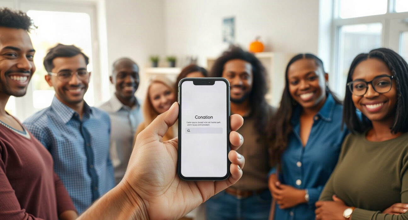 Nonprofit staff reviewing a large crypto donation on a smartphone, symbolizing digital philanthropy.