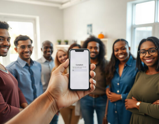 Nonprofit staff reviewing a large crypto donation on a smartphone, symbolizing digital philanthropy.
