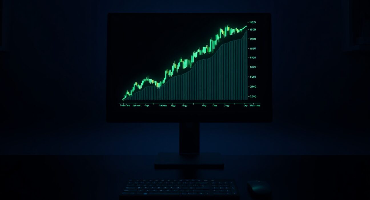 Cryptocurrency trading monitor showing a sharp price spike on a green chart