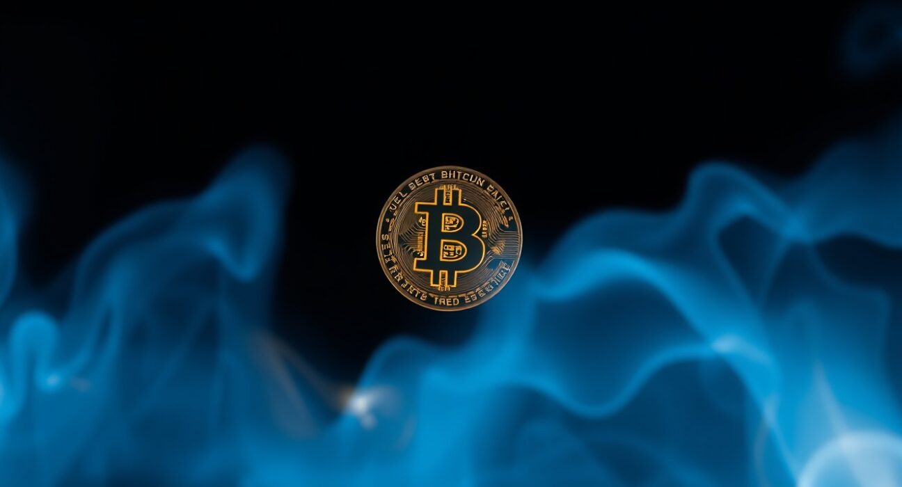 A glowing Bitcoin coin being burned in a dark, ethereal setting representing the destruction of cryptocurrency.