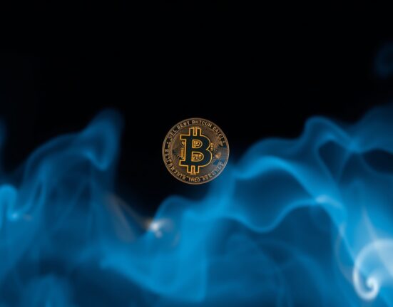 A glowing Bitcoin coin being burned in a dark, ethereal setting representing the destruction of cryptocurrency.