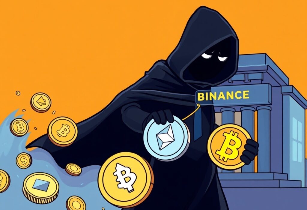 A cartoon illustration showing an anonymous wallet initiating a large ETH and BNB withdrawal from Binance, symbolizing significant crypto movements.