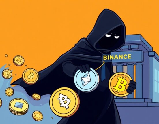 A cartoon illustration showing an anonymous wallet initiating a large ETH and BNB withdrawal from Binance, symbolizing significant crypto movements.