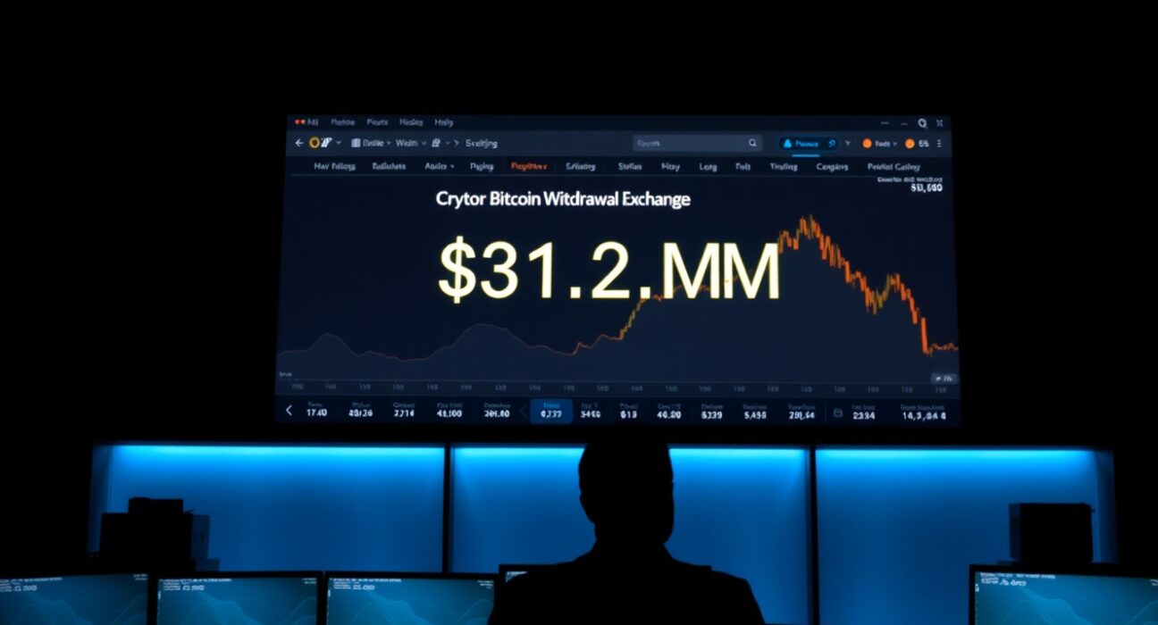 Anonymous figure viewing a Bitcoin withdrawal of $31.2 million on a Binance exchange interface in a dim trading room.