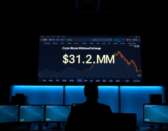 Anonymous figure viewing a Bitcoin withdrawal of $31.2 million on a Binance exchange interface in a dim trading room.