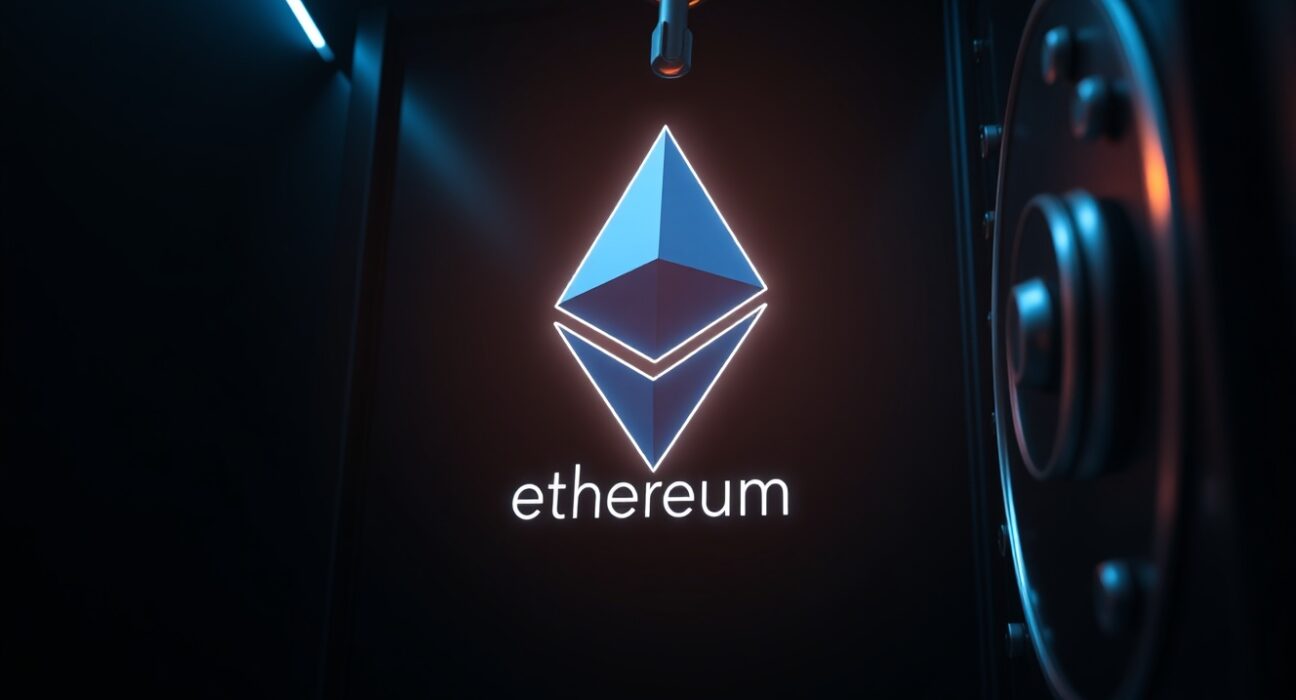 A glowing Ethereum logo being withdrawn from a digital exchange interface.
