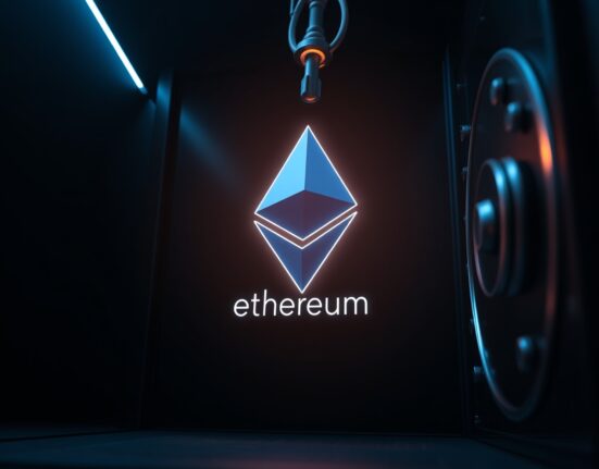 A glowing Ethereum logo being withdrawn from a digital exchange interface.