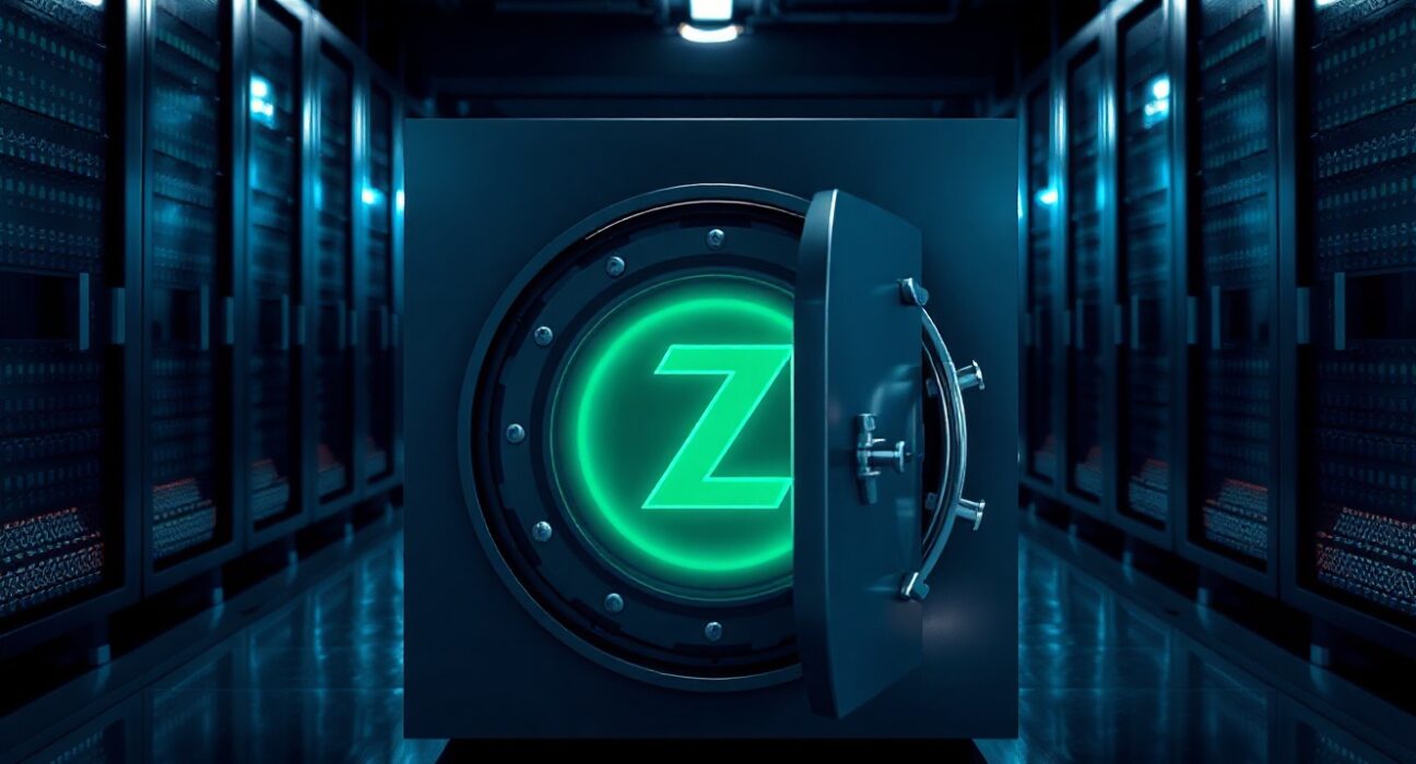 Futuristic vault door with glowing Zcash logo in a dim data center, representing a major withdrawal from the Orchard privacy pool.