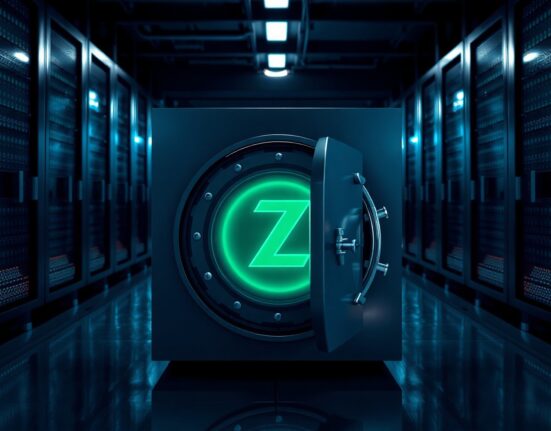 Futuristic vault door with glowing Zcash logo in a dim data center, representing a major withdrawal from the Orchard privacy pool.