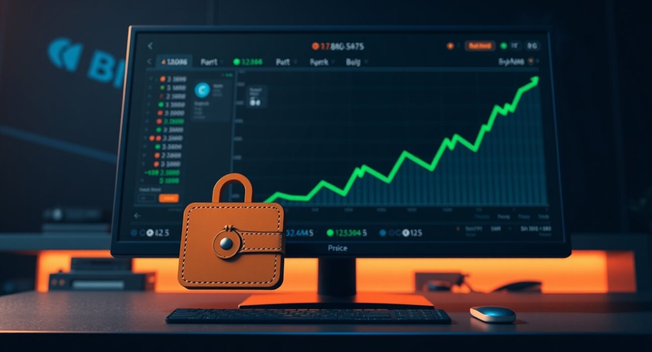 Cryptocurrency exchange interface with digital wallet icon and upward chart trend