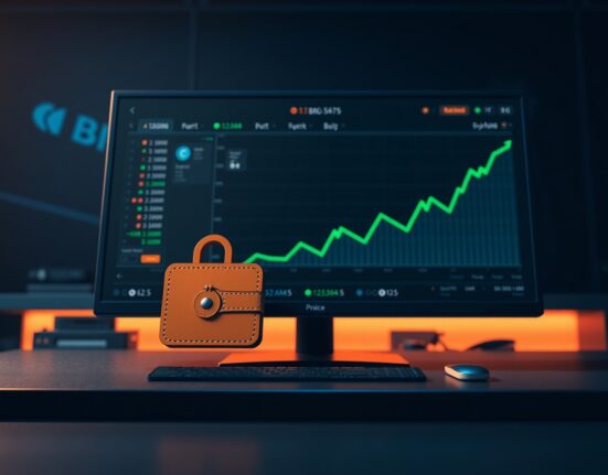 Cryptocurrency exchange interface with digital wallet icon and upward chart trend
