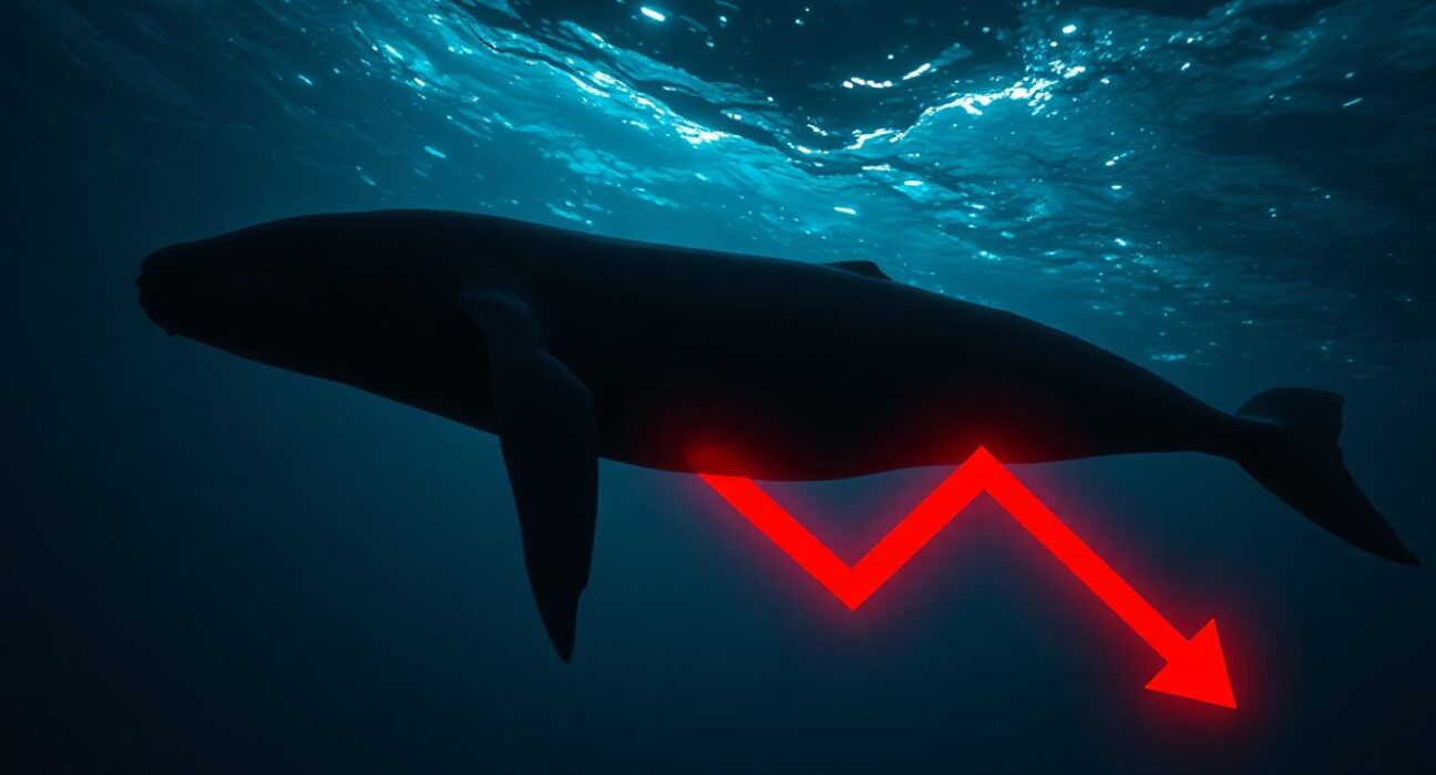 Silhouette of a whale in a digital ocean of Ethereum blockchain patterns symbolizing a large financial loss.