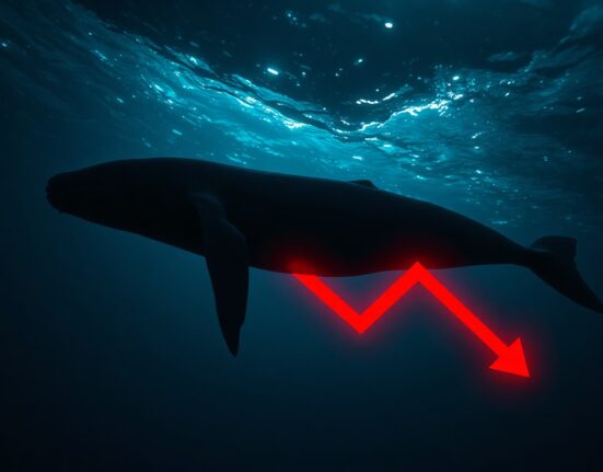 Silhouette of a whale in a digital ocean of Ethereum blockchain patterns symbolizing a large financial loss.
