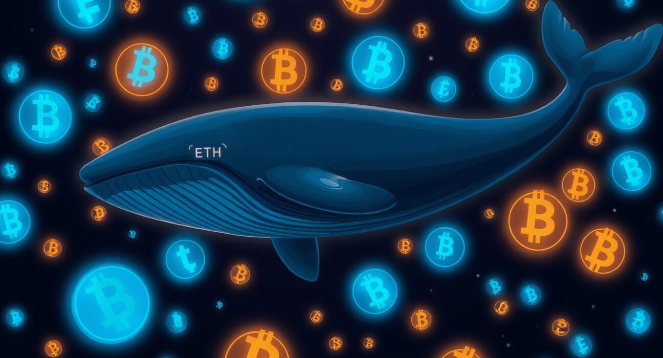 Digital whale swimming through cryptocurrency symbols representing large ETH and WBTC accumulation