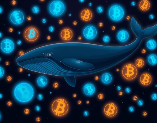 Digital whale swimming through cryptocurrency symbols representing large ETH and WBTC accumulation