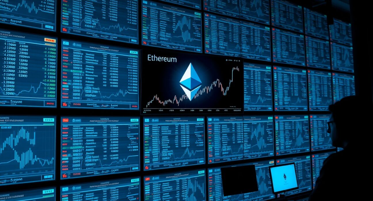 Anonymous whale accumulates 227 million dollars in Ethereum, with a focus on a screen showing the Ethereum logo and rising chart.