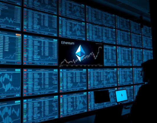 Anonymous whale accumulates 227 million dollars in Ethereum, with a focus on a screen showing the Ethereum logo and rising chart.