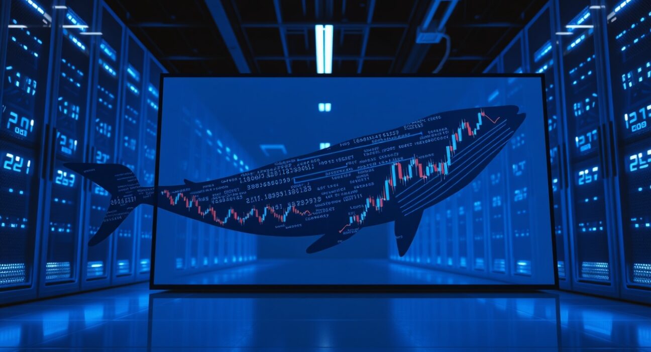 Digital whale swimming across a candlestick chart in a server room, representing a large Ethereum purchase.