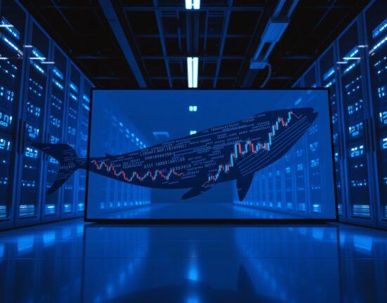 Digital whale swimming across a candlestick chart in a server room, representing a large Ethereum purchase.