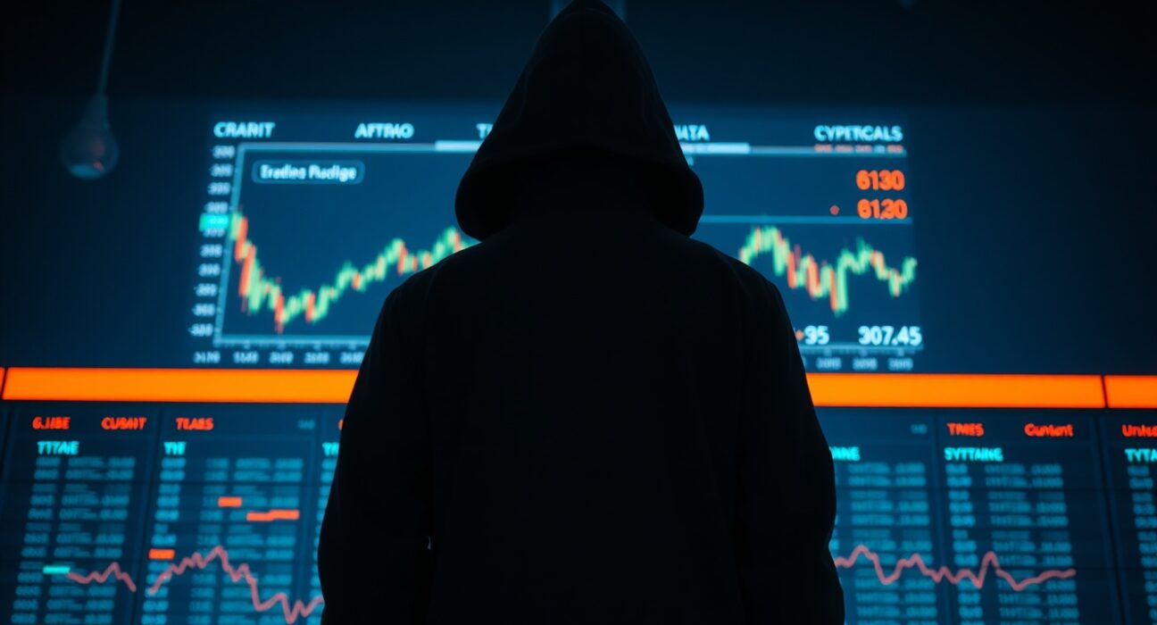 Anonymous figure in hoodie standing before cryptocurrency trading screens in a dark data center.