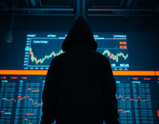 Anonymous figure in hoodie standing before cryptocurrency trading screens in a dark data center.