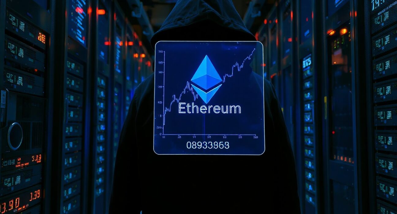 Anonymous whale figure viewing Ethereum blockchain data and price chart in a modern data center.