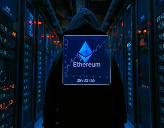 Anonymous whale figure viewing Ethereum blockchain data and price chart in a modern data center.