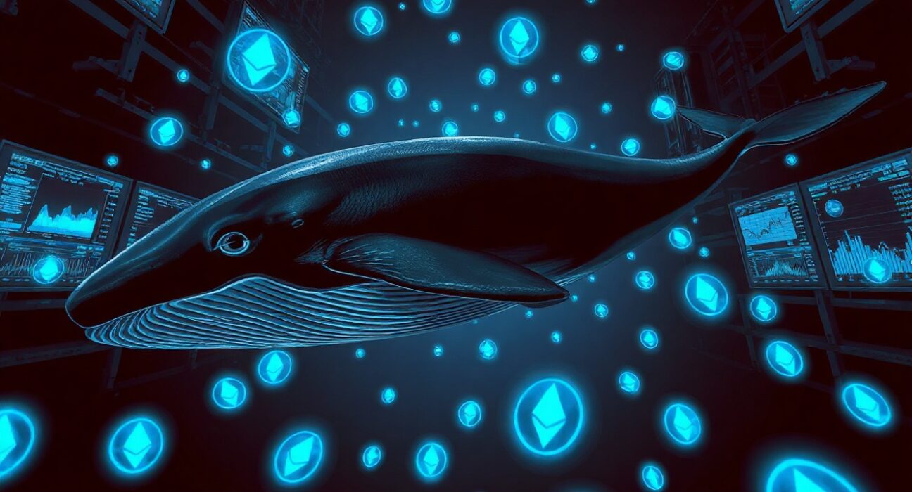 Digital whale swimming through Ethereum blockchain data streams representing large anonymous crypto withdrawal