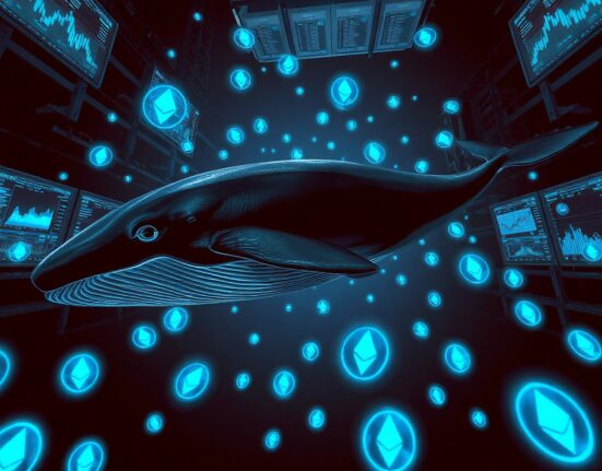 Digital whale swimming through Ethereum blockchain data streams representing large anonymous crypto withdrawal