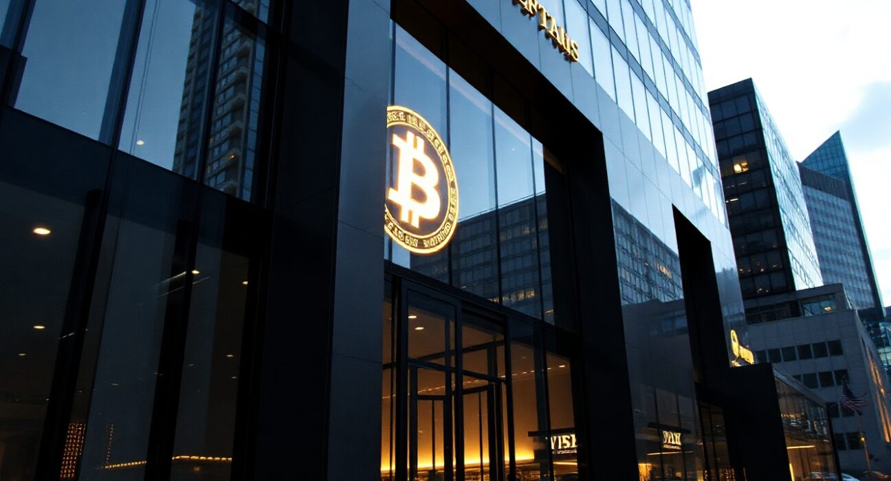 Exterior of a modern financial building representing Galaxy Digital, with a subtle Bitcoin symbol overlay, illustrating the large BTC withdrawal.