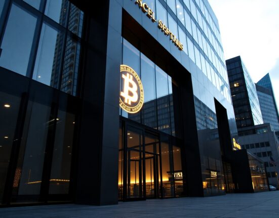 Exterior of a modern financial building representing Galaxy Digital, with a subtle Bitcoin symbol overlay, illustrating the large BTC withdrawal.