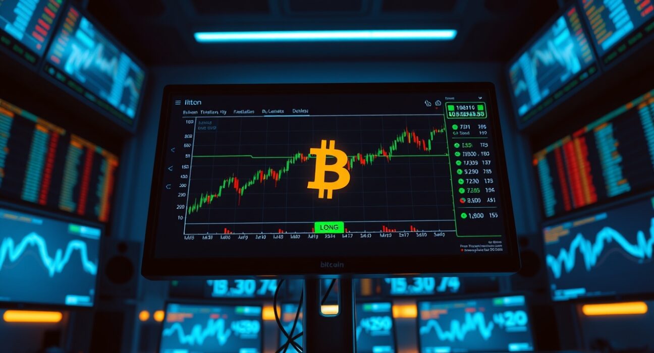 Bitcoin price chart on a trading monitor with a long position indicator.