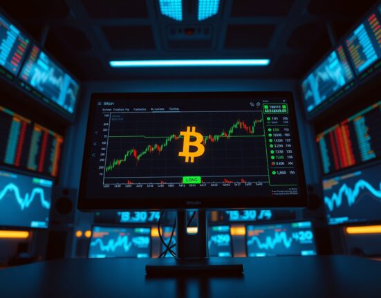 Bitcoin price chart on a trading monitor with a long position indicator.