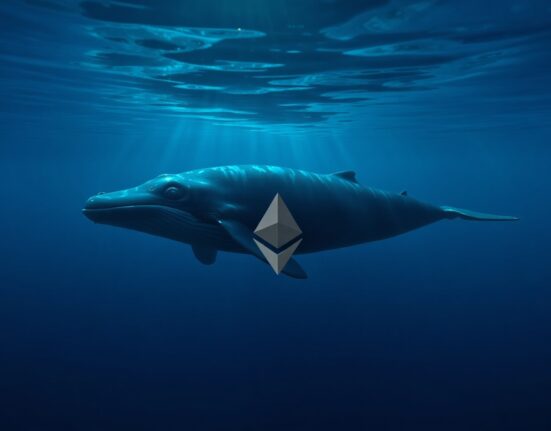 A whale swimming in deep blue ocean water with a faint Ethereum symbol reflection on the surface.