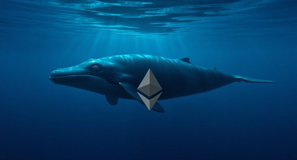 A whale swimming in deep blue ocean water with a faint Ethereum symbol reflection on the surface.