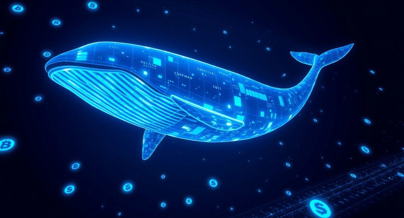 Digital whale swimming through a sea of cryptocurrency symbols and blockchain data.