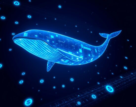 Digital whale swimming through a sea of cryptocurrency symbols and blockchain data.