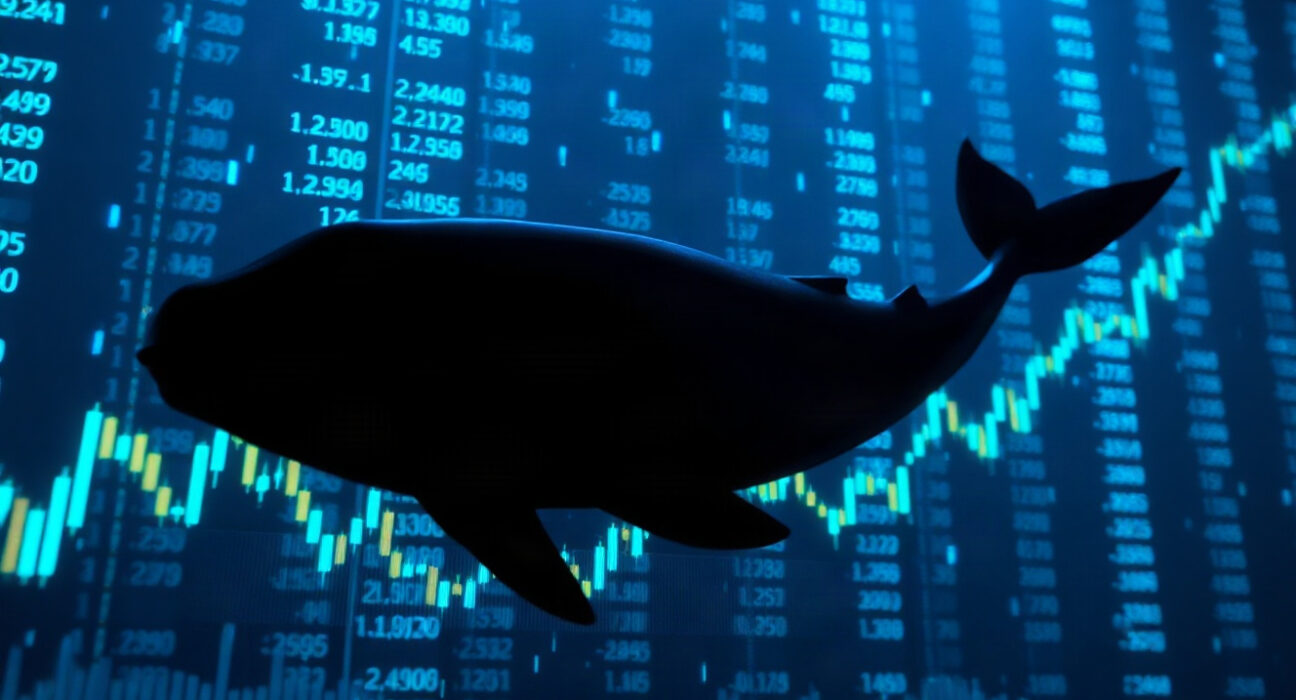 Illustration of a whale swimming through digital data streams and charts, representing a large cryptocurrency purchase.