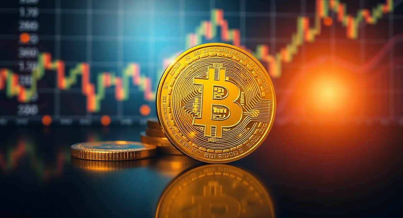 Close-up of a Bitcoin coin with a dark background and subtle financial charts, representing large-scale cryptocurrency accumulation.