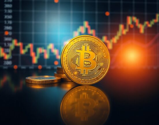 Close-up of a Bitcoin coin with a dark background and subtle financial charts, representing large-scale cryptocurrency accumulation.