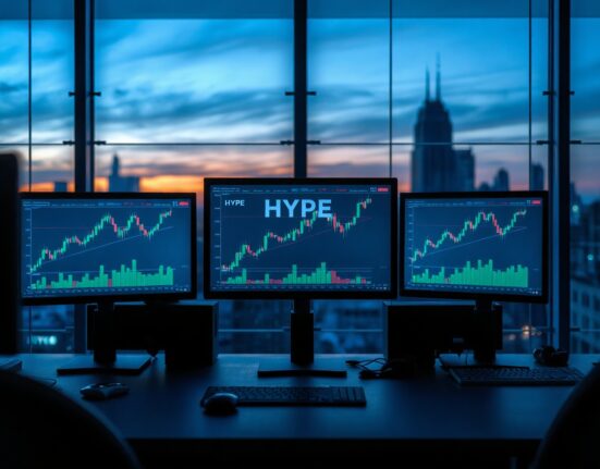 Cryptocurrency trading desk with monitor showing HYPE token price chart and upward trend