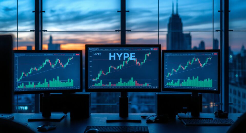 Cryptocurrency trading desk with monitor showing HYPE token price chart and upward trend