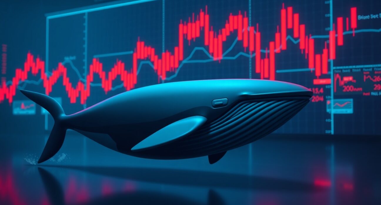 Digital whale swimming away from a red market chart representing a closed short position on HYPE.