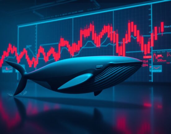 Digital whale swimming away from a red market chart representing a closed short position on HYPE.