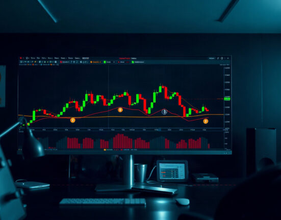 Cryptocurrency trading chart on monitor with Bitcoin and Ethereum symbols