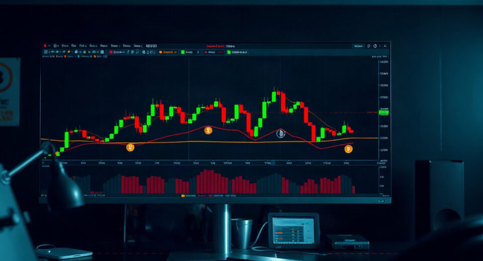 Cryptocurrency trading chart on monitor with Bitcoin and Ethereum symbols