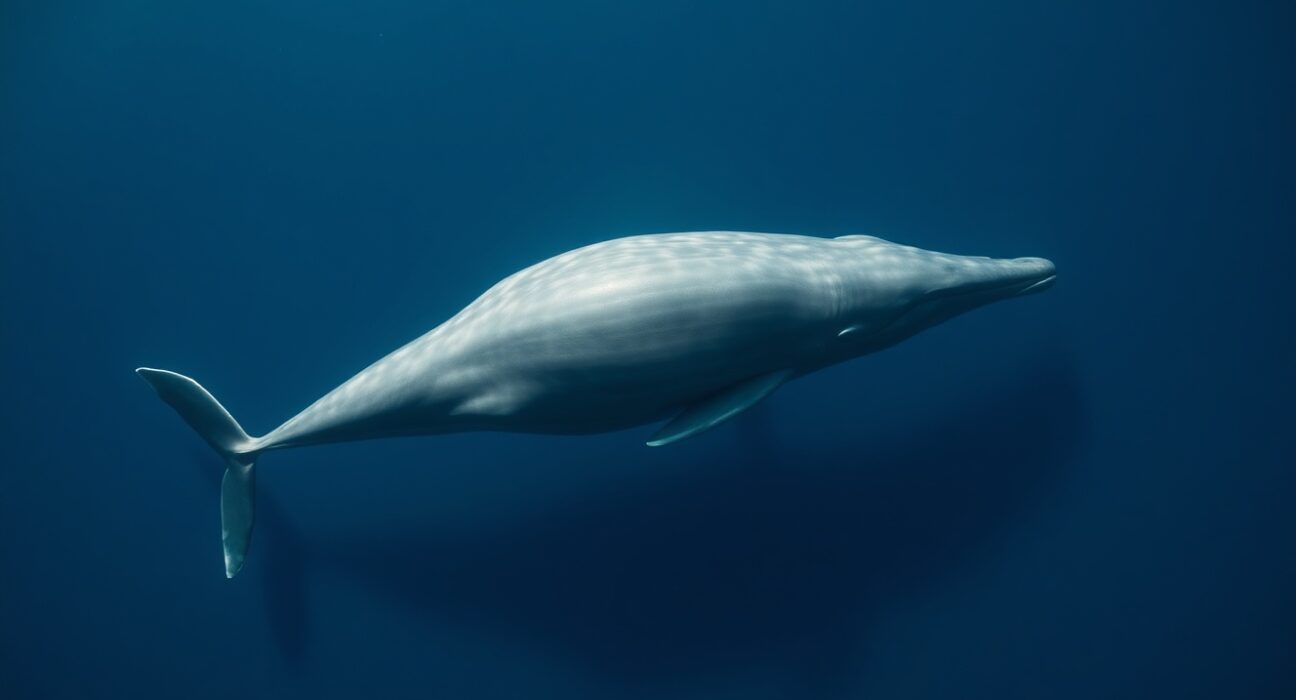 A large whale swimming in deep blue ocean water, representing a major cryptocurrency transaction.
