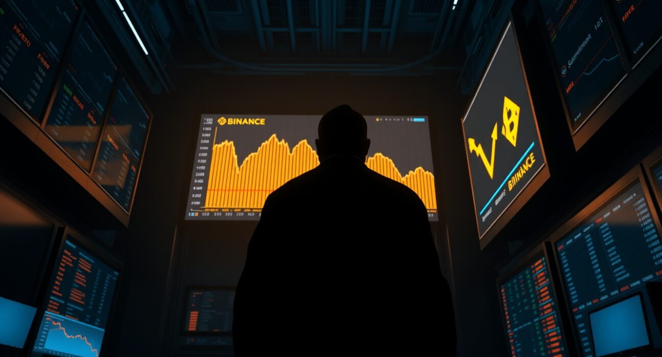 Anonymous whale figure standing in front of a Bitcoin price chart with a downward trend on a Binance trading screen.